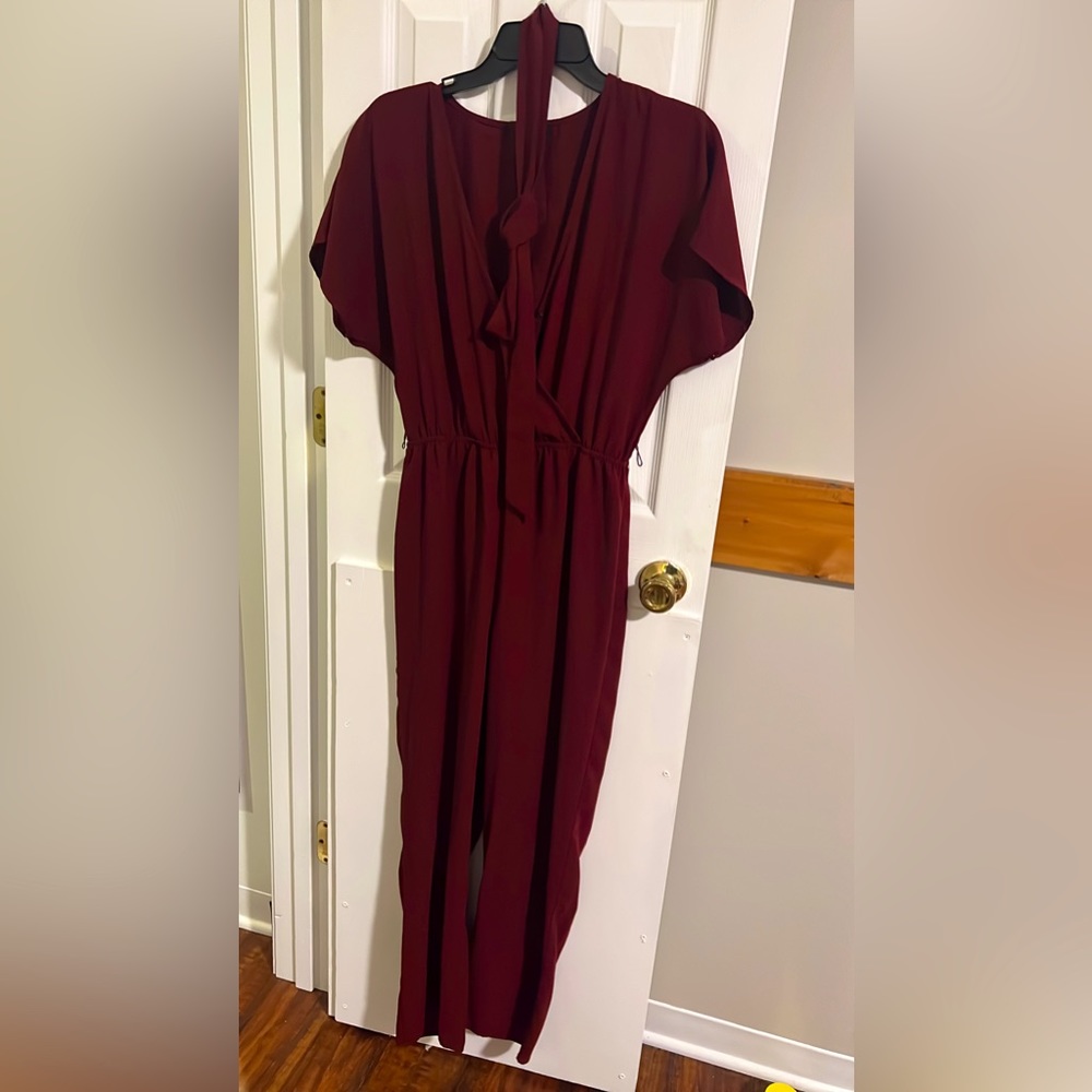 maroon one piece dressy jumpsuit with belt